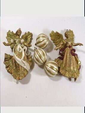 VTG Gold Shatterproof (2) Angels Burgundy, Cream, & Gold w 3 striped balls